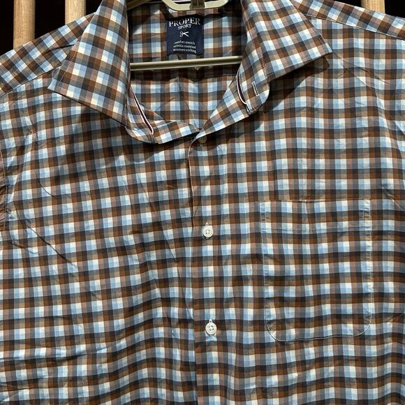 Proper Sport Mens Plaid Button Up Shirt 2XT Brown Blue White Wrinkle Resistant - Picture 3 of 9